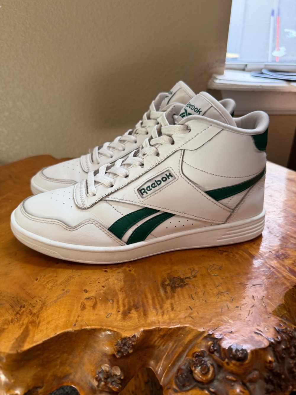 Reebok White High-Top Sneakers with Green Stripes